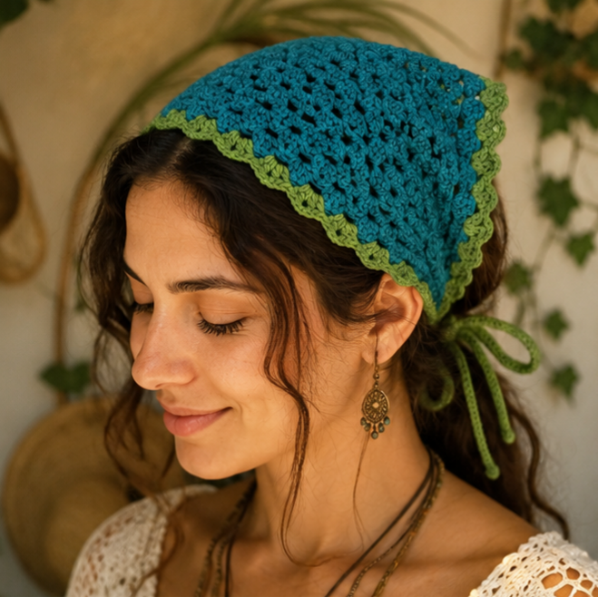 Bandana Triangular a Crochet Mar y Bosque