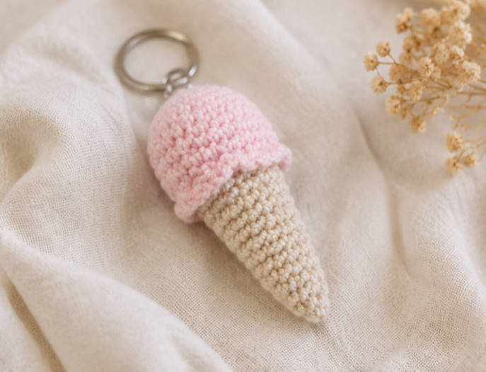Llavero a Crochet, Colgante Helado de Fresa