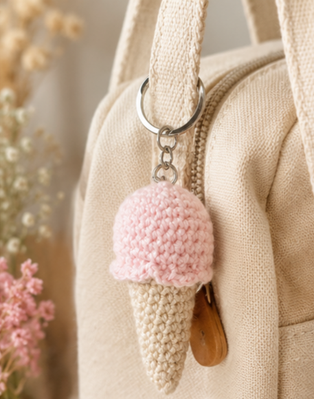 Llavero a Crochet, Colgante Helado de Fresa